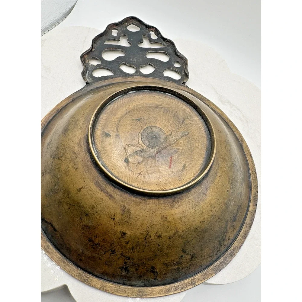 Vintage Round Brass Gold Porringer Large Bowl Wall Hanging Korea 6.25” diameter